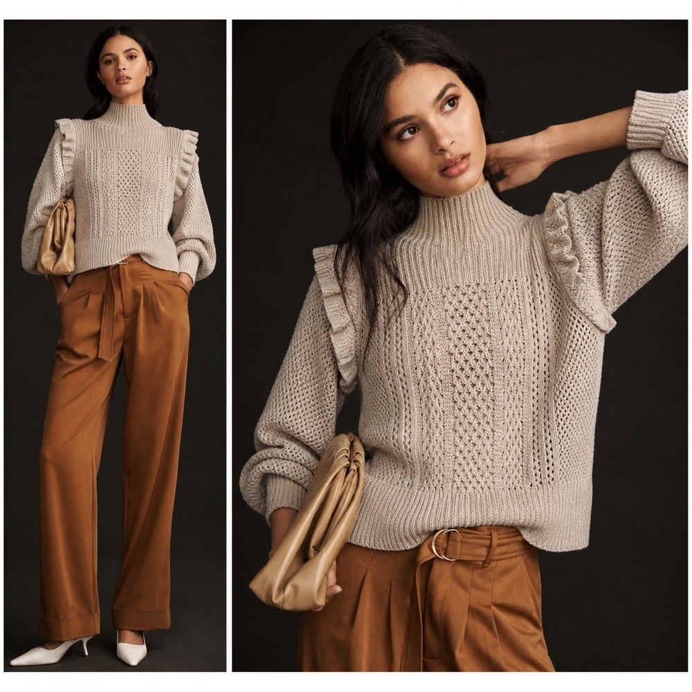 Happy X Nature Ruffle Mock Neck Sweater Cream Knit L Cotton Linen Anthro Style